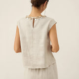 100% Linen Cap Sleeve Beaded Top BIANCA