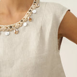 100% Linen Cap Sleeve Beaded Top BIANCA
