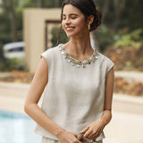 100% Linen Cap Sleeve Beaded Top BIANCA