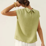 100% Linen Cap Sleeve Soft-Fold Collar Top YVONNE
