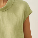 100% Linen Cap Sleeve Soft-Fold Collar Top YVONNE