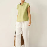 100% Linen Cap Sleeve Soft-Fold Collar Top YVONNE