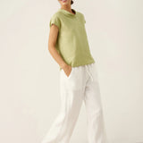100% Linen Cap Sleeve Soft-Fold Collar Top YVONNE