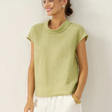 100% Linen Cap Sleeve Soft-Fold Collar Top YVONNE