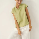 100% Linen Cap Sleeve Soft-Fold Collar Top YVONNE