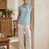 100% Linen Cap Sleeve Soft-Fold Collar Top YVONNE