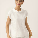 100% Linen Cap Sleeve Soft-Fold Collar Top YVONNE