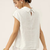 100% Linen Cap Sleeve Soft-Fold Collar Top YVONNE