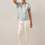 100% Linen Crescent Collar Flutter Sleeve Top FARA