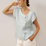 100% Linen Crescent Collar Flutter Sleeve Top FARA