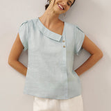 100% Linen Crescent Collar Flutter Sleeve Top FARA