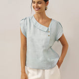 100% Linen Crescent Collar Flutter Sleeve Top FARA