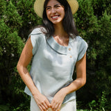 100% Linen Crescent Collar Flutter Sleeve Top FARA