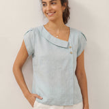 100% Linen Crescent Collar Flutter Sleeve Top FARA