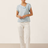 100% Linen Crescent Collar Flutter Sleeve Top FARA