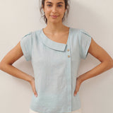 100% Linen Crescent Collar Flutter Sleeve Top FARA