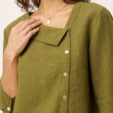100% Linen Crescent Neck Button Detail 3/4 Sleeve Top ADALYN