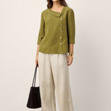 100% Linen Crescent Neck Button Detail 3/4 Sleeve Top ADALYN