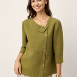 100% Linen Crescent Neck Button Detail 3/4 Sleeve Top ADALYN