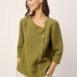 100% Linen Crescent Neck Button Detail 3/4 Sleeve Top ADALYN