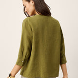 100% Linen Crescent Neck Button Detail 3/4 Sleeve Top ADALYN