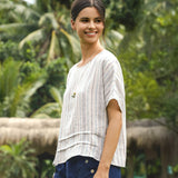 100% Linen Pleated Striped Pullover Top VIA