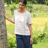 100% Linen Pleated Striped Pullover Top VIA