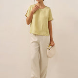 100% Linen Eyelet Short Sleeve Pullover Top ADA