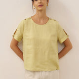 100% Linen Eyelet Short Sleeve Pullover Top ADA