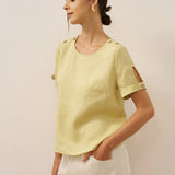 100% Linen Eyelet Short Sleeve Pullover Top ADA