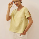 100% Linen Eyelet Short Sleeve Pullover Top ADA