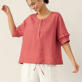 100% Linen Flutter Sleeve Drawstring Top ZOEY
