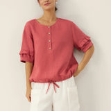 100% Linen Flutter Sleeve Drawstring Top ZOEY