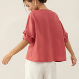 100% Linen Flutter Sleeve Drawstring Top ZOEY