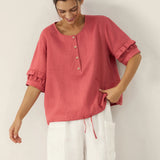 100% Linen Flutter Sleeve Drawstring Top ZOEY