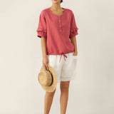 100% Linen Flutter Sleeve Drawstring Top ZOEY
