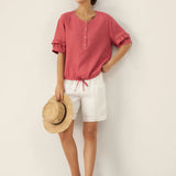 100% Linen Flutter Sleeve Drawstring Top ZOEY