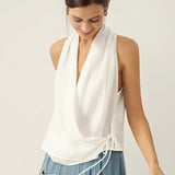 100% Linen Halter Neck Tie-Front Crop Top FAYE