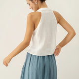100% Linen Halter Neck Tie-Front Crop Top FAYE