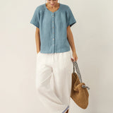 100% Linen Short Sleeve Crew Neck Shirt FINA