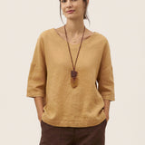 100% Linen V-Neck 3/4 Length Sleeve Top DORA
