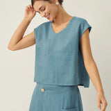 100% Linen V-Neck Cap Sleeve Crop Top FRESSA