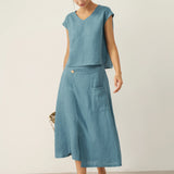 100% Linen V-Neck Cap Sleeve Crop Top FRESSA