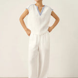 100% Linen V-Neck Embroidered Crop Top FENE