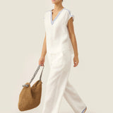 100% Linen V-Neck Embroidered Crop Top FENE