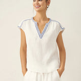100% Linen V-Neck Embroidered Crop Top FENE