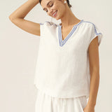100% Linen V-Neck Embroidered Crop Top FENE