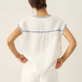 100% Linen V-Neck Embroidered Crop Top FENE