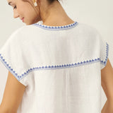 100% Linen V-Neck Embroidered Crop Top FENE