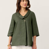 100% Linen Asymmetric Collar Inverted Pleat Top OTTILIE